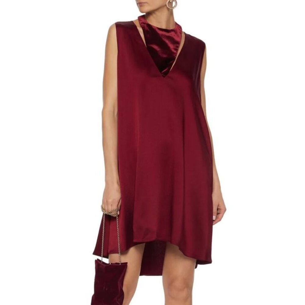 VALENTINO Cutout Velvet-Panel Crepe De Chine Dress In Crimson